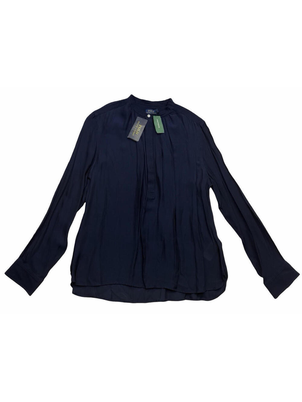 Polo Ralph Lauren Silk Long Sleeve Pleated Band Neck Blouse Navy Size US 14